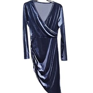 Silver Blue Rusched Dress Asymetrical Cut Velvet Size  Med. Long Sleeve